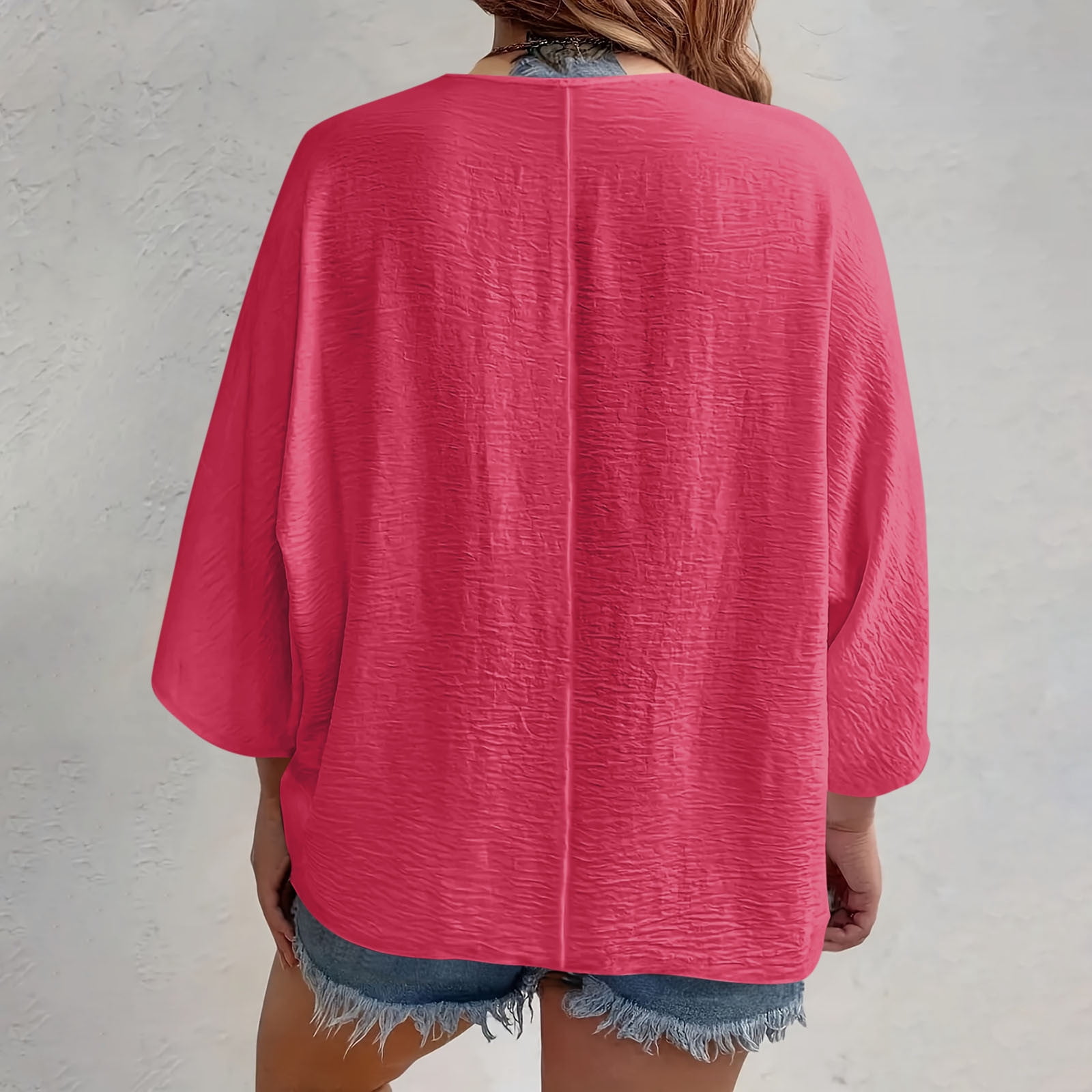 Button-Down Shirts for Women Plus Size L-4X Lightweight 3/4 Sleeve Blouses Tops Womens Casual Solid Color Loose V Neck Beach Cover Ups Tees Top