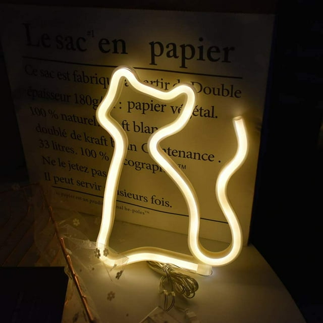 Letreros de neón LED con forma de gato, luces de neón de gato blanco cálido, lámpara de pared, decoración de dormitorio, luces de neón alimentadas por batería y USB, letreros de neón de gato, lámparas
