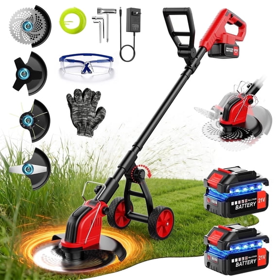 Tanbaby 12-inch Cordless Weed Wacker, 21V Electric Weed Eater, with 2 x 3.0 Ah Battery & 4 Types Blades, Brush Cutter/Grass Trimmer with Wheel for Yard Garden Clearing