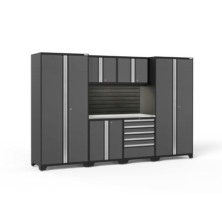 

NewAge Products Pro Series Gray 7 Piece Cabinet Set Heavy Duty 18-Gauge Steel Garage Storage System Slatwall / LED Lights Included