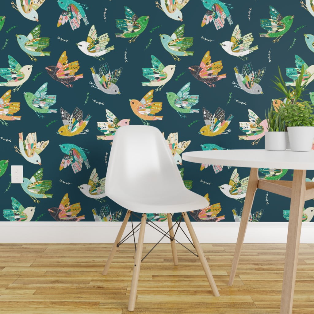 Peel-and-Stick Removable Wallpaper Folk Birds At Night Blue Bird