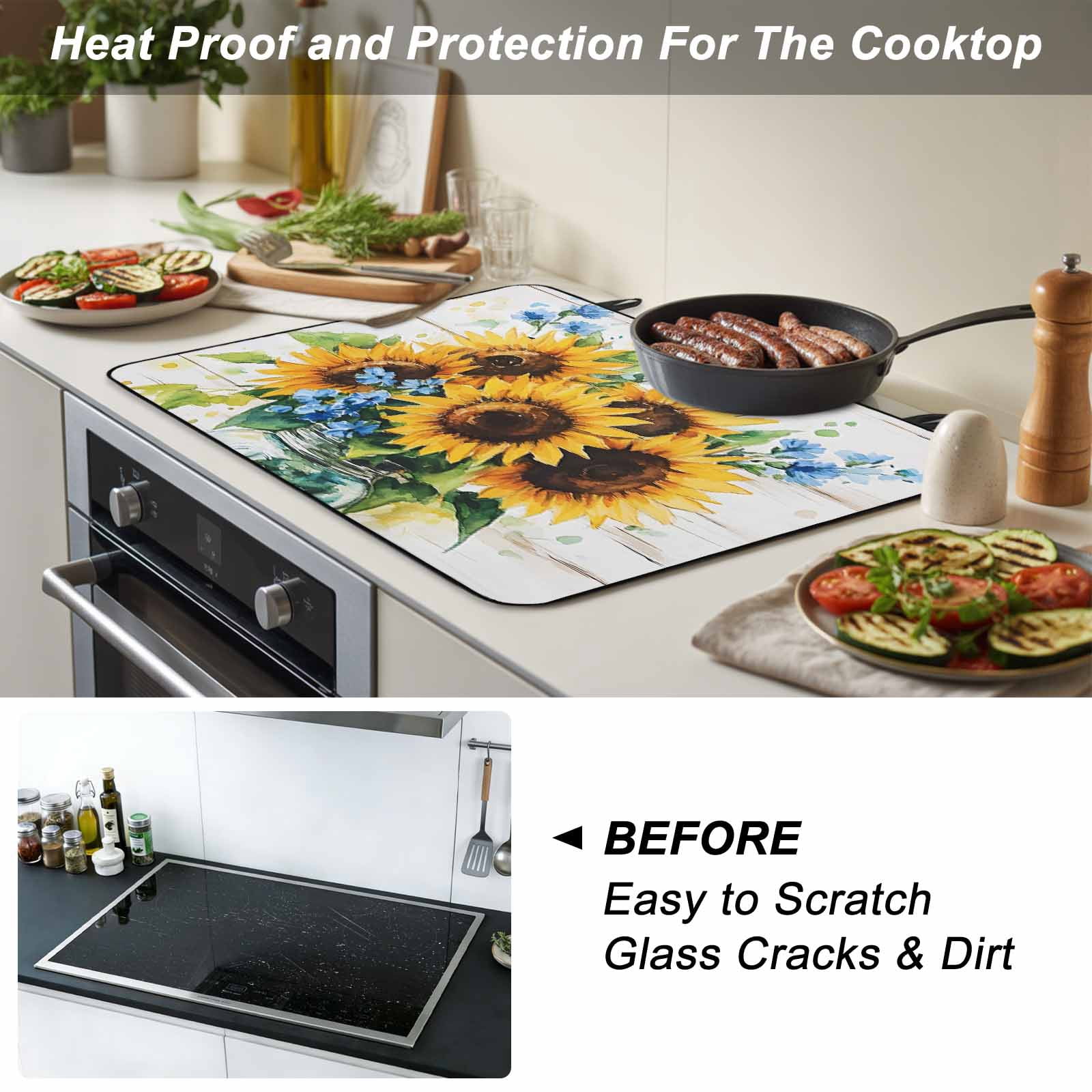 Sunflower Stove Top Cover for Electric Stove, Heat-proof & Non Slip Glass Top Stove Cover Protector, Retro Country Garden Floral Blue Wildflower Kitchen Flat Cooktop Rubber Mat 24x21 Inches