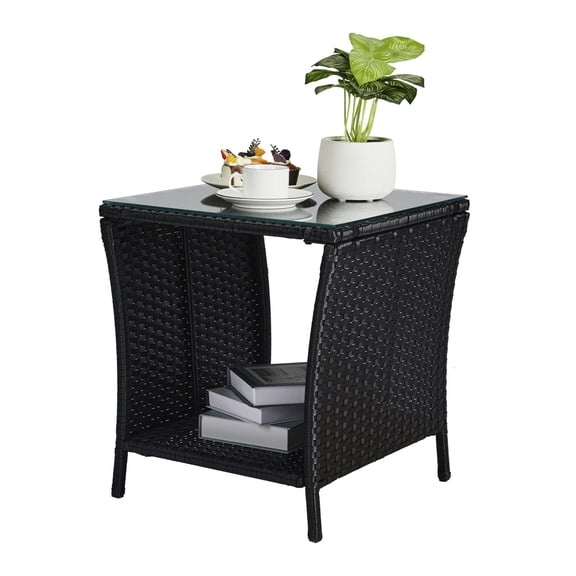 Ktaxon Wicker Side Table, Small Size Coffee End Table Outdoor Side Table for Garden, Deck, Porch, Yard w/ Glass Table Top, Black