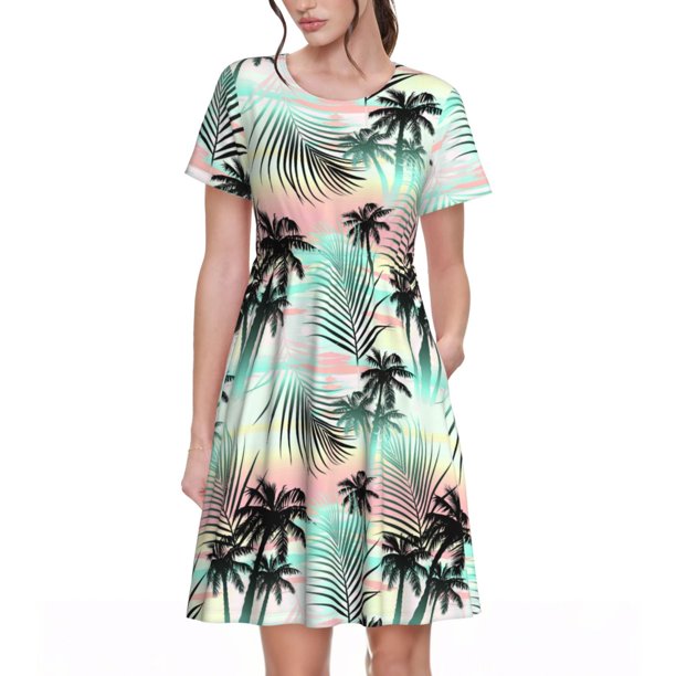 Easygdp Tropical Summer Palm para Vestido Transpirable de Mujer, Vestido Suelto de Manga Corta con Pliegues y Bolsillos para el Verano