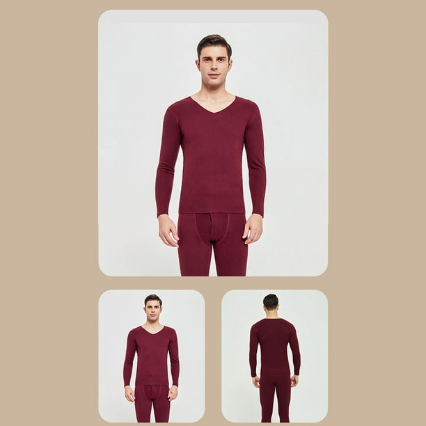 Man Thermal Underwear Set Velvet Thickening Male Home Office Seamless Winter  Home School Basic Layer Inner Wear Tops Bottom Suit for Male Wine Red 