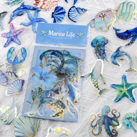 50Pcs Gold Foil Ocean Sea Life Stickers for Journaling, Marine Creature Decals for Planner Scrapbooking, Waterproof Decorative Sticker Set for DIY Crafts