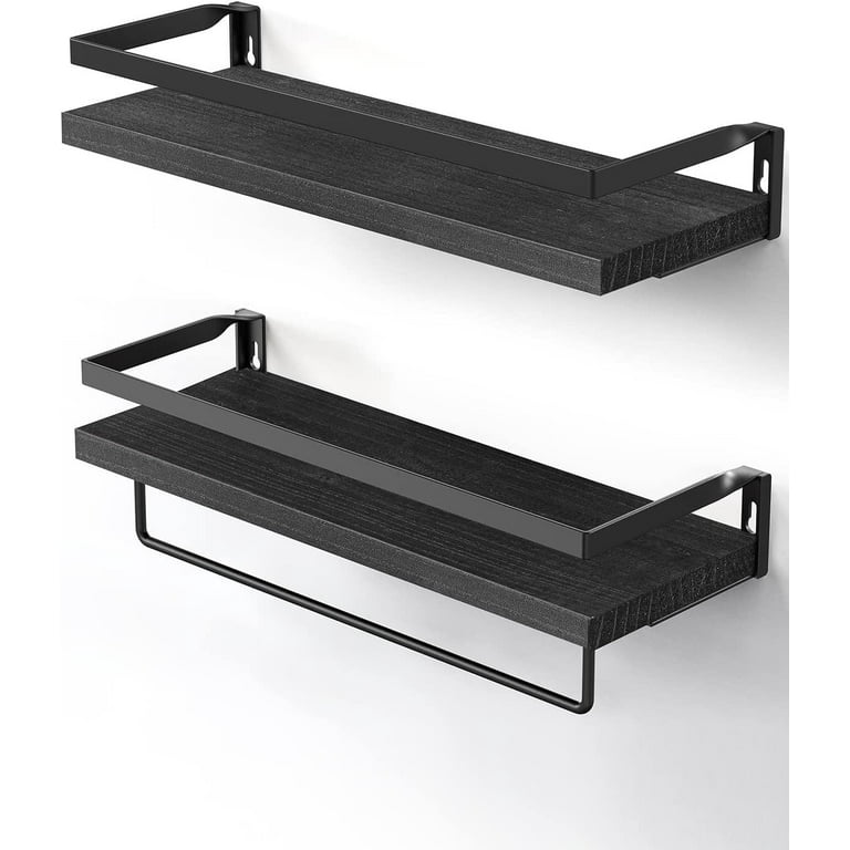 Lavezee 2 Tier Wall Mounted Shelf Set of 2, Wall Floating Shelves with  Black Metal for Bedroom, Living Room, Bathroom, Laundry Room, Kitchen, 2