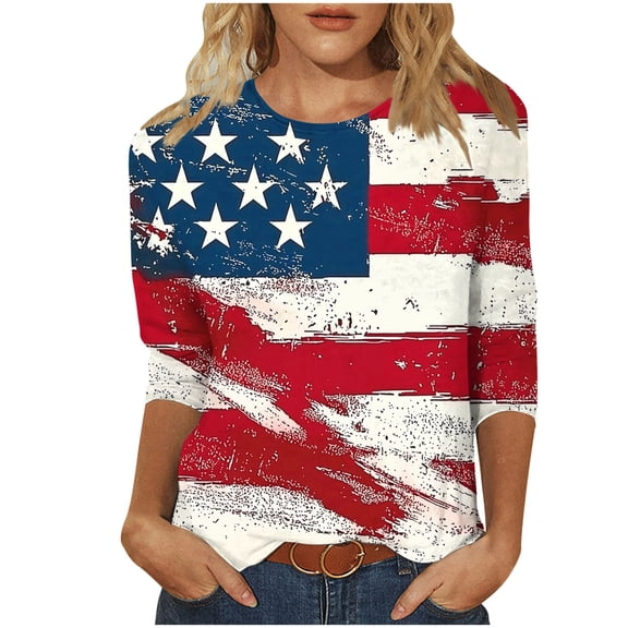 Favoffer Women Graphic Tees 3/4 Sleeve Round Neck Independence Day Print Loose Casual Tops Boho Blouses Holiday Festival Outdoor Leisure