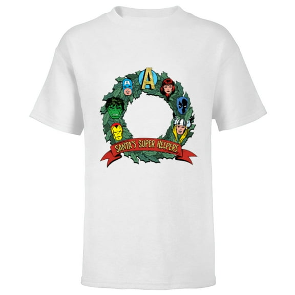 Marvel Avengers Santa’s Super Helpers Faces Retro Holiday - Short Sleeve T-Shirt for Kids - Customized-White