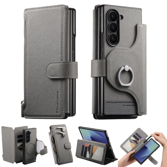 Dteck Magnetic Case for Samsung Galaxy Z Fold 4,Detachable Leather Card Slots Zipper Wallet Case Compatible with Mag Safe Ring Holder Kickstand Shockproof Cover,Gray