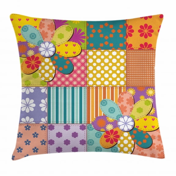 Colorful Throw Pillow Cushion Cover, Various Type of Floral and Geometric Forms Mixed Polka Dots Tartan Stripes Design, Decorative Square Accent Pillow Case, 16 X 16 Inches, Multicolor, by Ambesonne