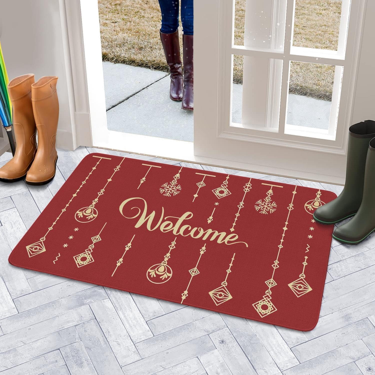 Invuni Christmas Welcome Door Mat Indoor & Outdoor Front Entrance Doormat Linen Rug Heavy Rubber Backing for Non Slip Home Decor, 30" X 17"