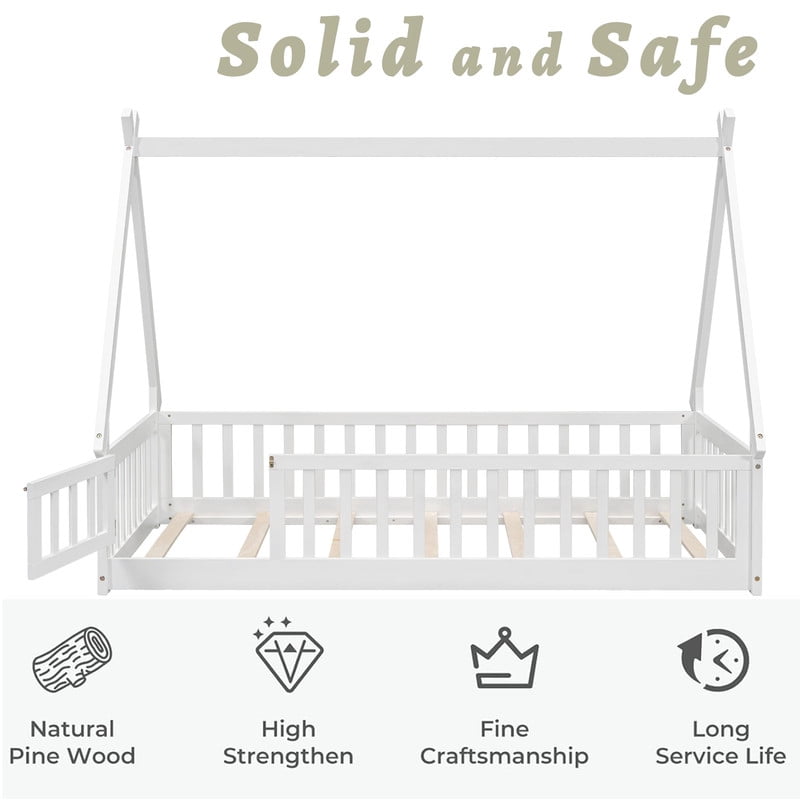 Mirightone Twin House Bed Frame with Rails and Door,Wood Montessori Bed with Slats Support,Teepee Tent Floor Beds Frame - White