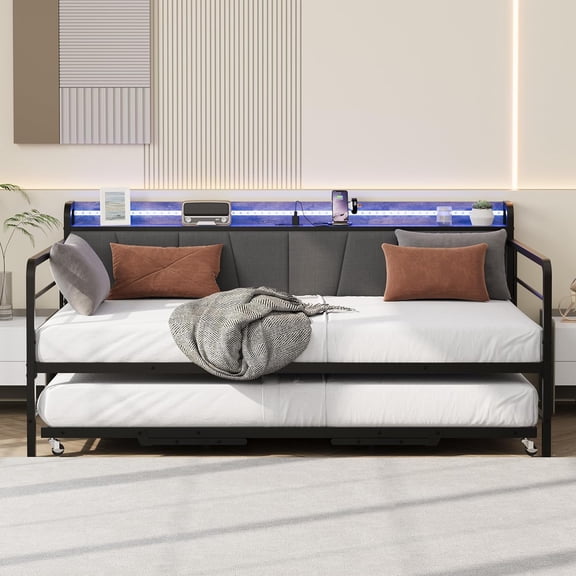 Daybed with Trundle and LED Light, Sturdy Metal Twin Size Bed Frame with Linen Upholstered Headboard and Charging Station, for Living Room, Bedroom and Guest Room, Black