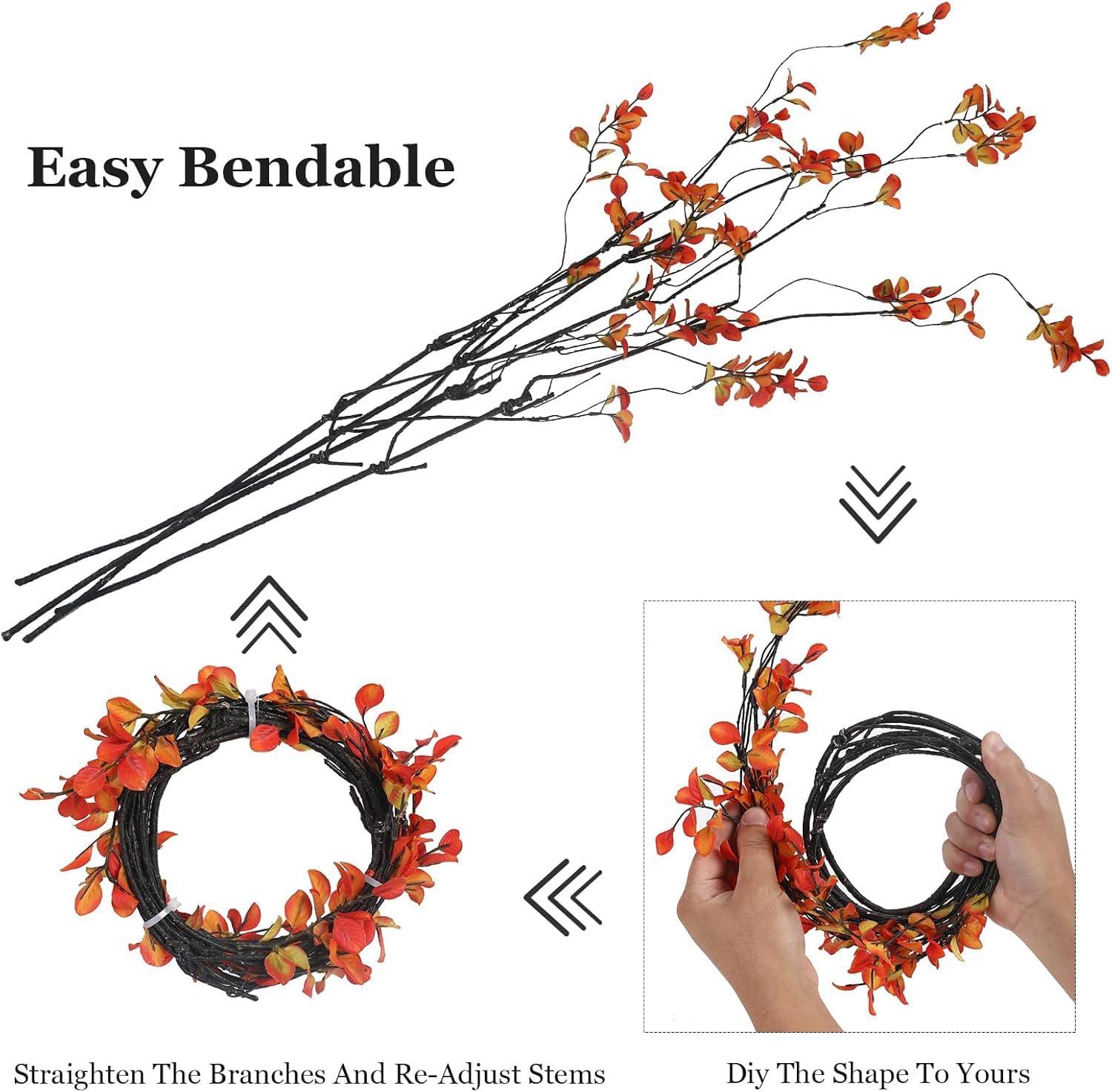 Trianu 4Pcs Fall Artificial Ficus Branches 35inch Artificial Fall Stems Faux Ficus Twig Plants Fake Leaf Fall Eucalyptus Branches for Vase Filler Office Table Wedding Home Decor