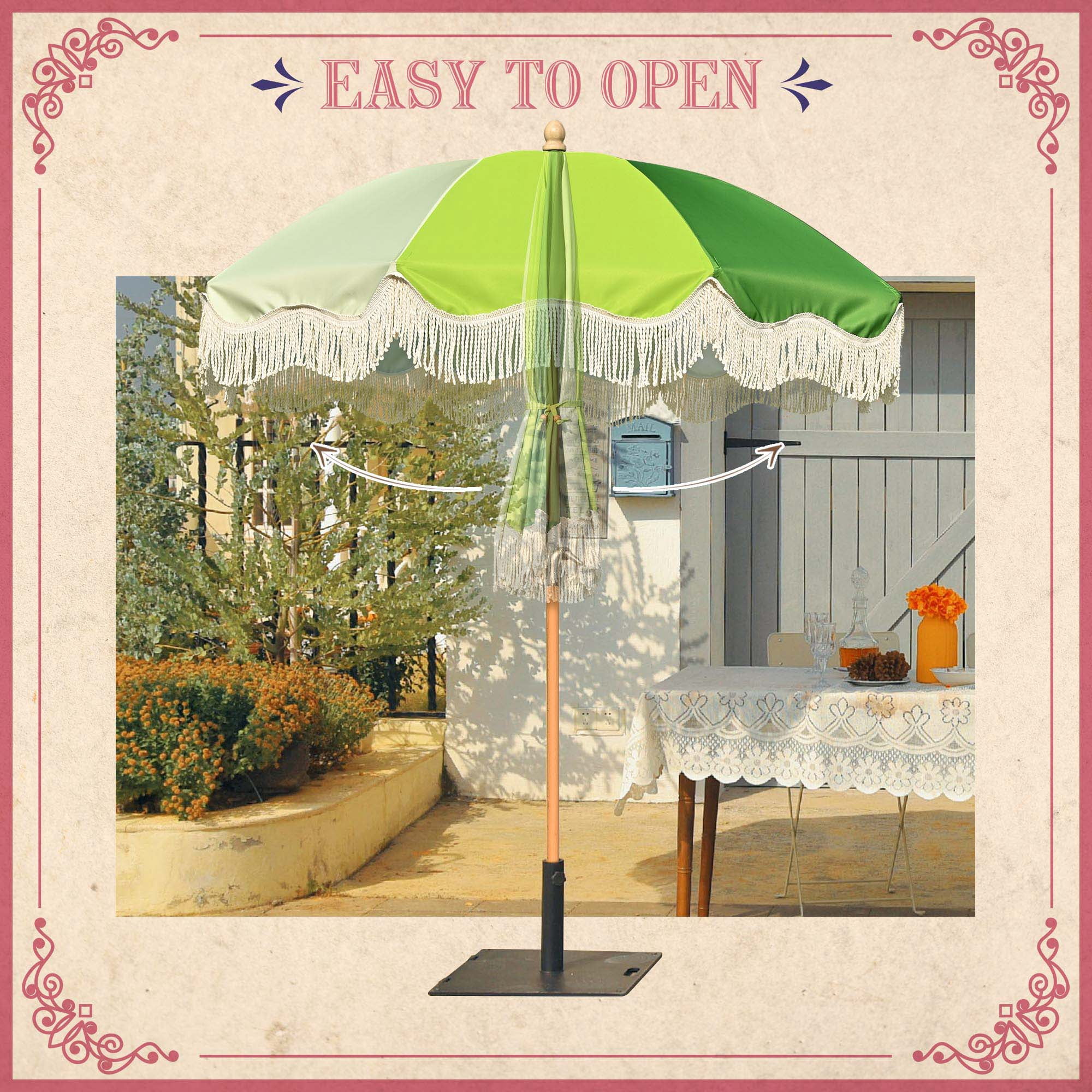 LAGarden 6Ft Fringe Patio Umbrella with Tassels & Carry Bag 50 / 60s Vintage Style Umbrella Wood Green,Model: PS6-04