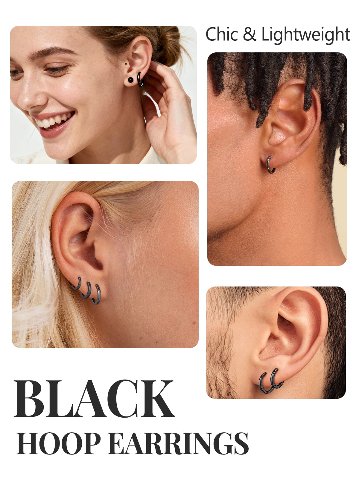 Silvora Black Small Hoop Earrings for Women Men Hypoallergenic Silver Huggie Hoops Earring Size 6/8/10/12/14/16/18/20mm Dailywear Cartilage Jewelry