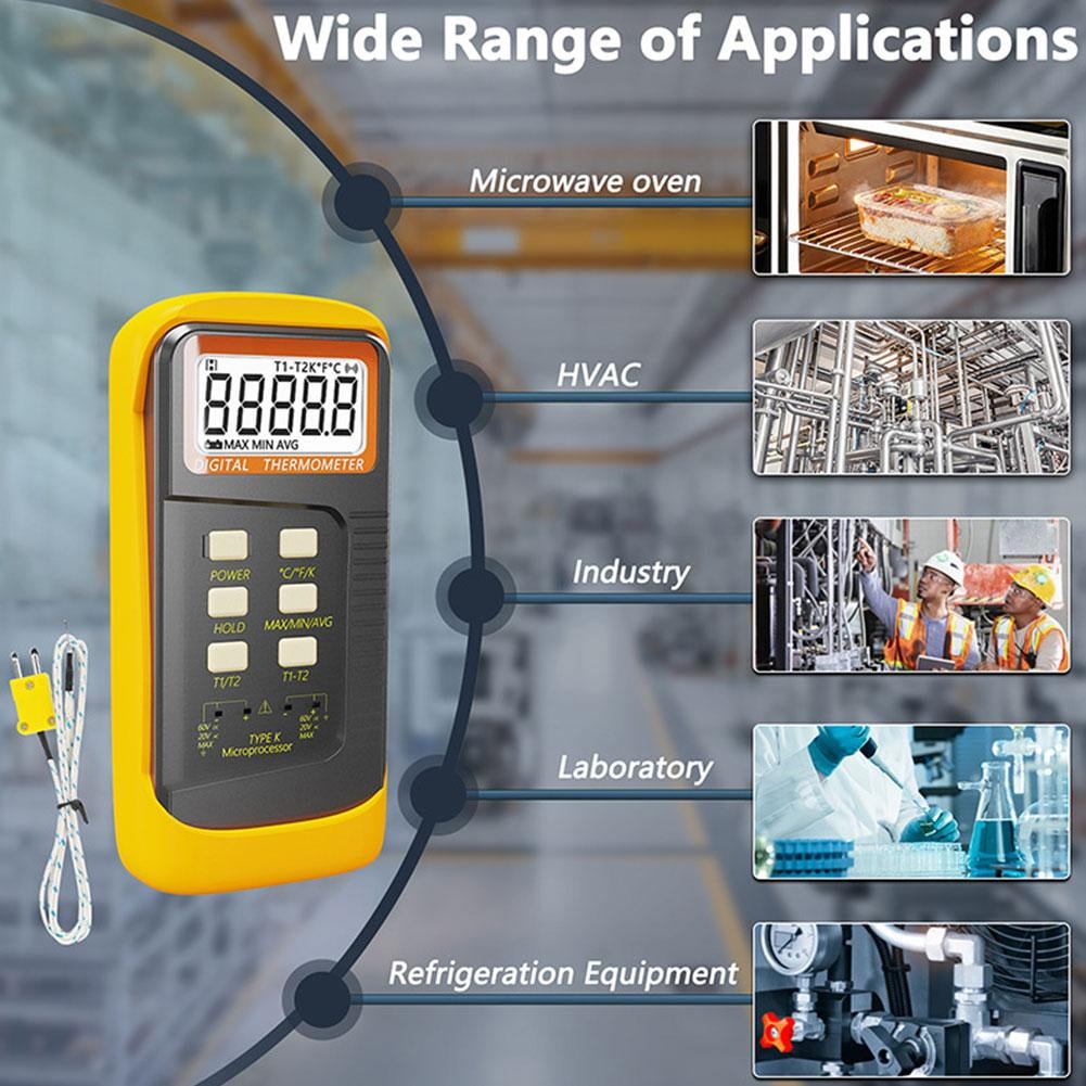 Dual Channel K-Type Digital Thermocouple Thermometer 6802 II with 4 Probes for BGA HVAC Temperature Measurement -50C to 1370C (-58F to 2498F) Industrial Temperature Meter,Large LCD Display