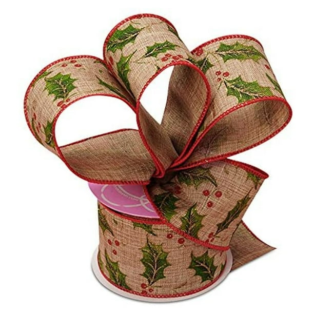 Holly And Berries Christmas Wired Natural Ribbon 2 1/2 Inches Wide x