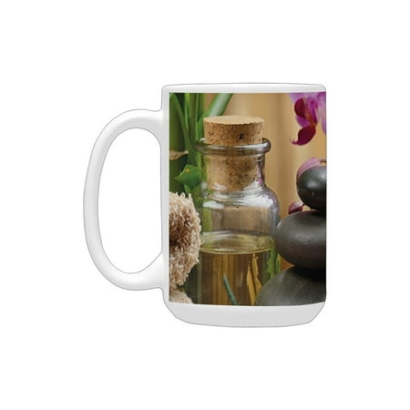 

Spa Decor Warm Welcoming Spa Reception Big Stones Candles Scent Flowers Print Purple Black and Green Ceramic Mug (15 OZ) (Made In USA)