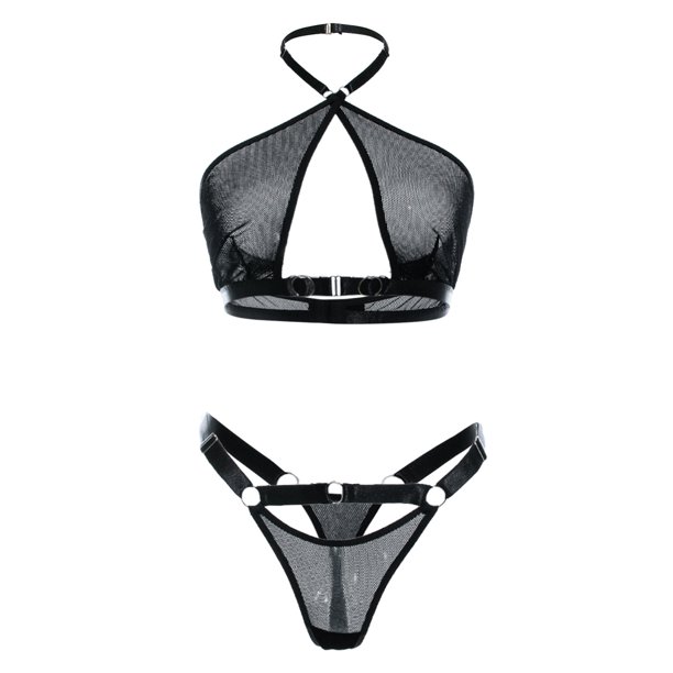 Gibobby Sujetador De Encaje Para Mujer Lencería para mujer con encaje frontal abierto, ropa de dormir halter Nighty(Negro, G)