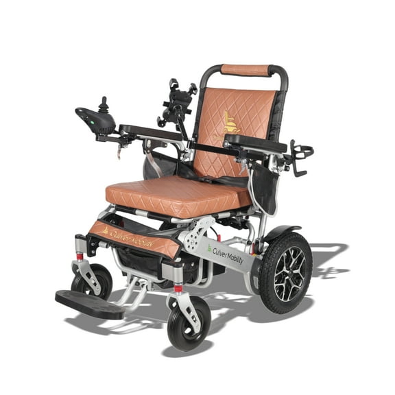 Culver Mobility Wolf Electric Wheelchair for Adults – Lightweight, Foldable, All-Terrain Power Wheelchair XL with Remote Control. Gift: Travel Bag, Cup Holder & Phone Holder (Brown).
