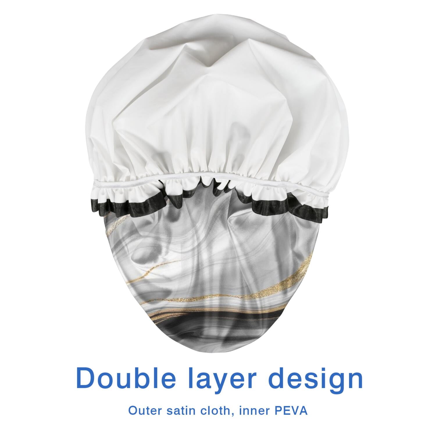 Shower Caps,Gray White Marble Gold Wave Pattern Waterproof Shower Cap for Women 4 Pieces,Double Reusable Hair Cover for Shower PEVA Elastic Stretch Hem