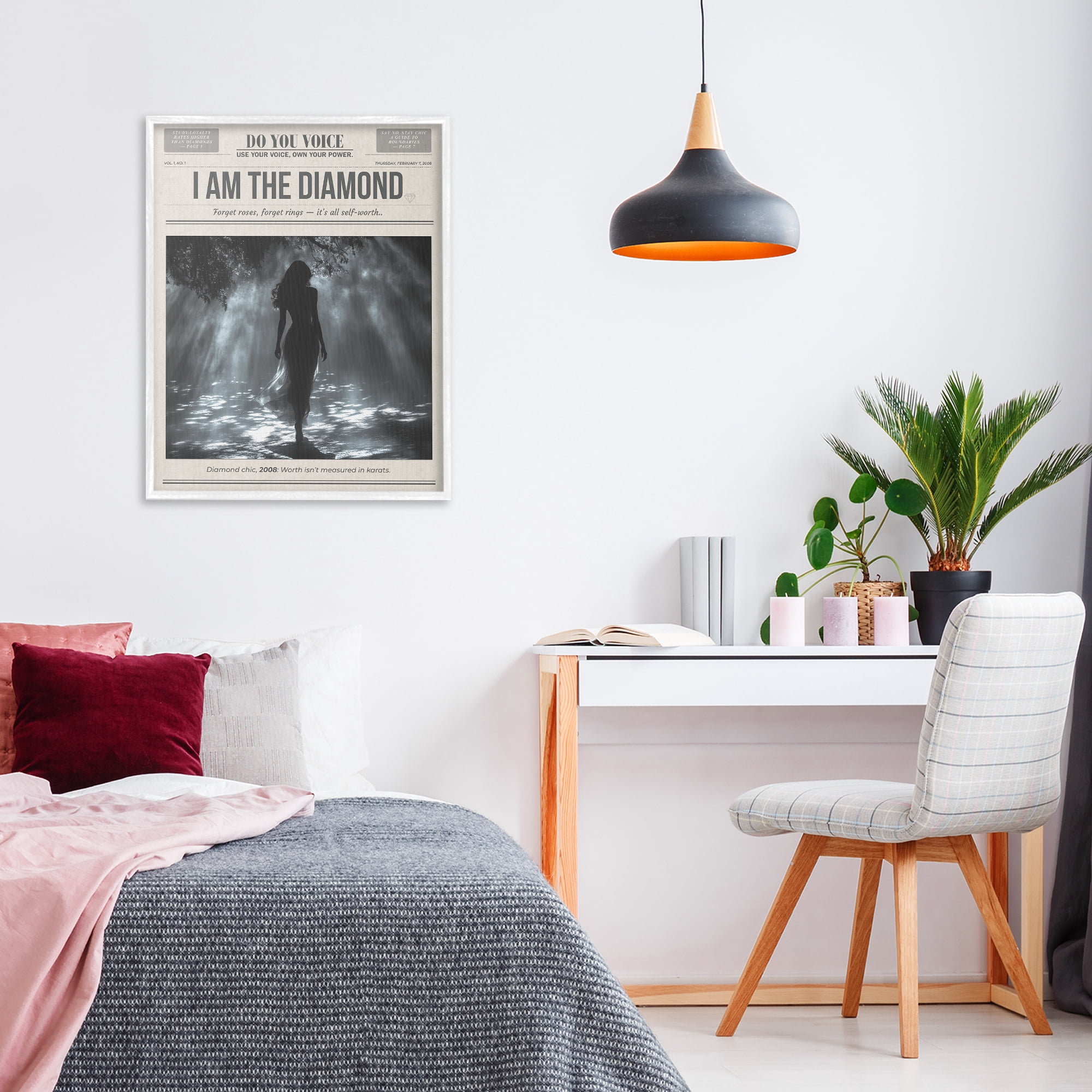 Stupell Industries Diamond Chic Newspaper White Framed Giclee Art, design by A Barefoot Stylist