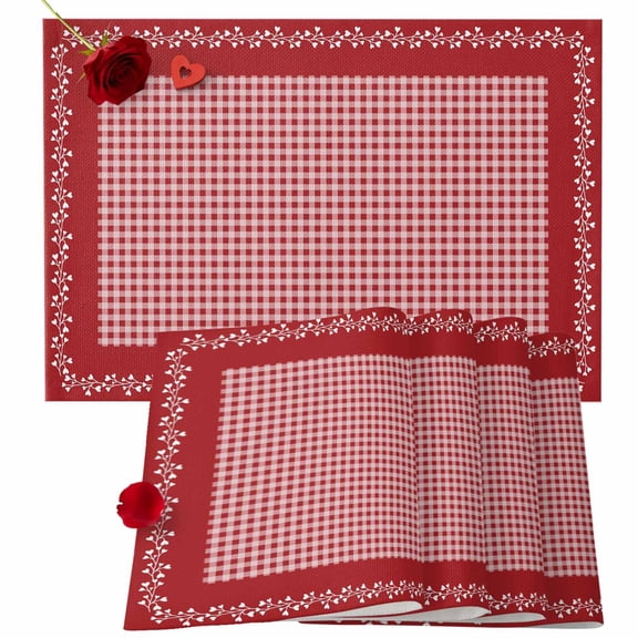 Valentine's Day Placemats Set of 6, Love Flower Place Mats Red White Buffalo Plaid Tablemats Placemat Table Decoration for Kitchen Table Dinner Wedding Party Home Decor Indoor Outdoor 13x19 Inch