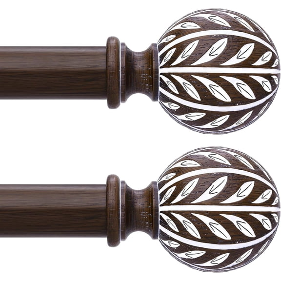 2-Pack Walnut Boho Curtain Rods, Adjustable 30-56 Inches, 1 Inch Heavy Duty Rustic Metal with Imitation Wood Leaf Finials