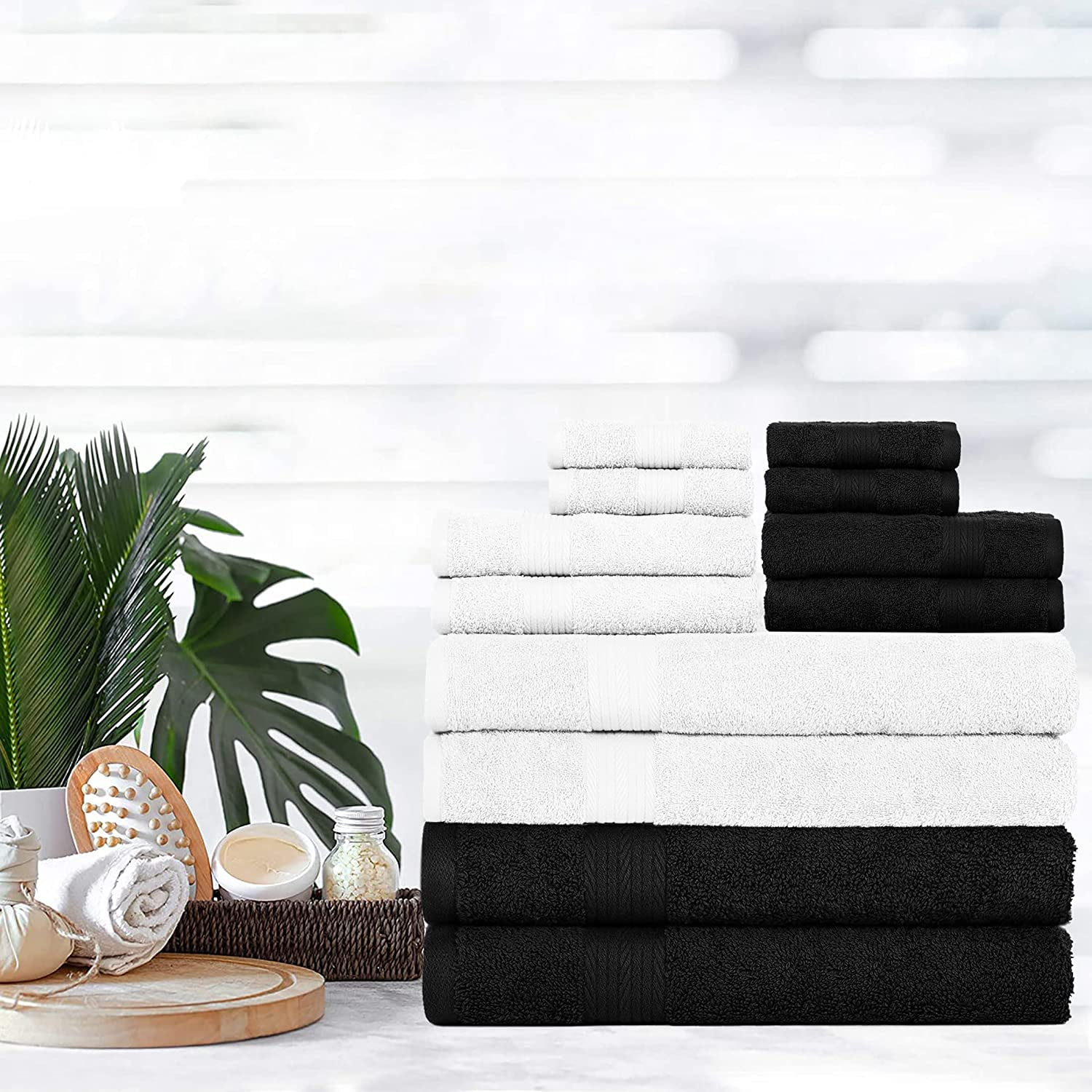 Ample Décor Bathroom Towel Set of 12- 4 Bath Towel, 4 Hand Towel, 4 Washcloths - Machine Washable - White & Black