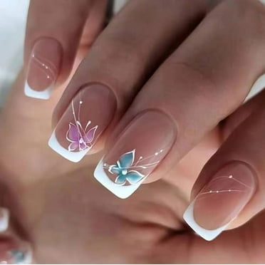 French Tip Press on Nails with butterfly Designs Short Square Fake Nails Gloss False Nails Spring Glue on Nails French Acrylic Nails Reusable Artificial Nails for Women