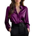 thumbnail image 4 of Yrmaups Women Loose Fit Long Sleeve Button Down Blouse, Solid Satin Collared Casual Shirt, Soft Flowy Top for Office Daily Wear Layering, Purple S, 4 of 6