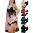 thumbnail image 1 of BadPiggies Women's Satin Pajama 4Pcs Set Sleepwear Floral Lace Trim Cami Lingerie Homewear Nightwear with Robe (XL, Black), 1 of 5