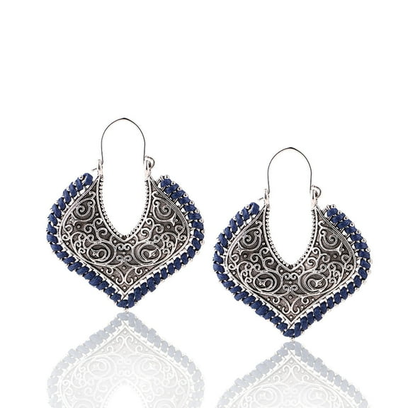 Besheek Navy Blue & Silvertone Filigree Marquis Key Latch Drop Earrings