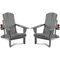 Adirondack Chairs Set of 2, HDPE Folding Adirondack Chairs Wood Texture, Heavy Duty Higher Back All Weather Outdoor Chairs with Cup Holder, Plastic Fire Pit Chairs for Patio Garden (Grey)