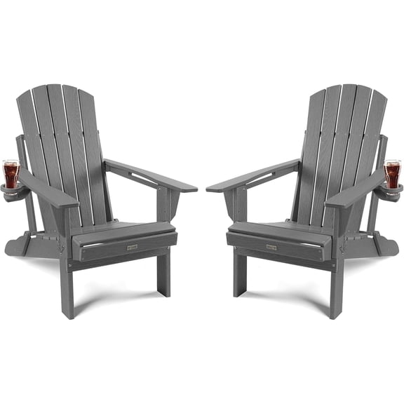 Adirondack Chairs Set of 2, HDPE Folding Adirondack Chairs Wood Texture, Heavy Duty Higher Back All Weather Outdoor Chairs with Cup Holder, Plastic Fire Pit Chairs for Patio Garden (Grey)