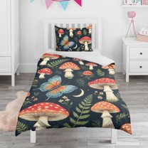 Mushroom Butterfly Pattern Duvet Cover and Pillowcase Set for Single Bedding, Bedroom Accessories for Kids Teens
