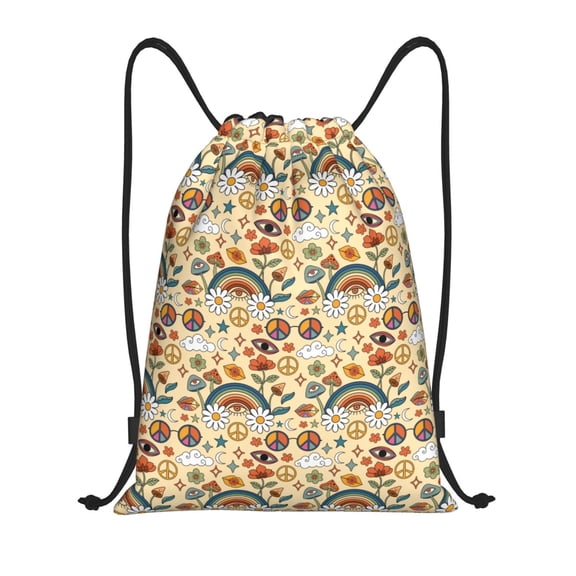 Drawstring Backpack - 70s Hippie Style Splash Proof Small Drawstring Gym Bag for Women Men, Cinch Sports String Bag Backpack for Travel Swimming Beach