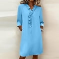 thumbnail image 2 of Women's Midi Dress V-Neck Ruffle Trim 3/4 Sleeve Shift Dresses with PocketsCasual Office Everyday Dresses for Women Light Blue S, 2 of 9