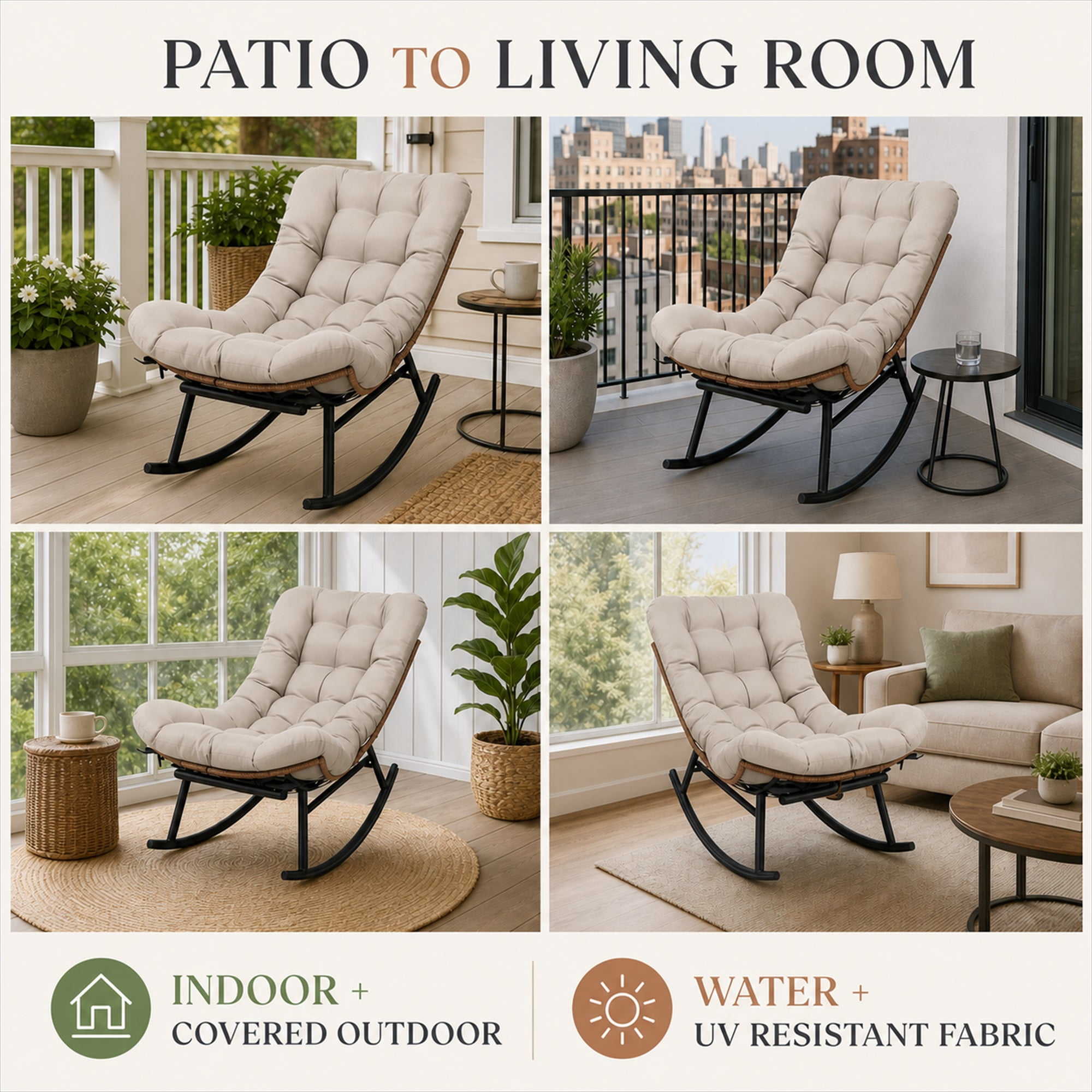 CLOUDREST PRO Outdoor Papasan Rocking Chair with Retractable Footrest, Oversized Wicker Patio Lounge Rocker with Thick Cushion and Steel Frame, 450 lb Capacity, Indoor Outdoor, Brown