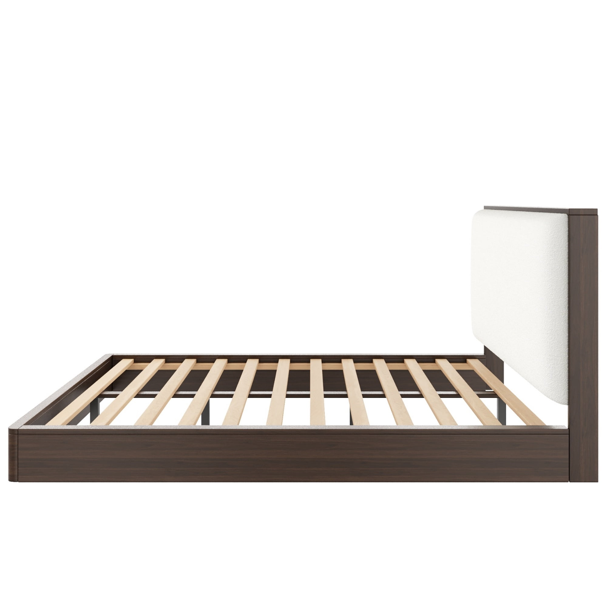 Euroco Wood Queen Size Platform Bed with Bouclé Upholstered Headboard, No Box Spring Needed, Walnut