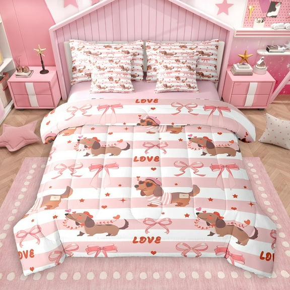 Castle Fairy Cartoon Dog Dachshund 7-Piece Twin Bedding Sets for Kids Children Preppy,Kawaii Ribbon Bow Bedding Comforter Set,Geometric Stripes Breathable Sheet Sets,Lightweight Room Decor