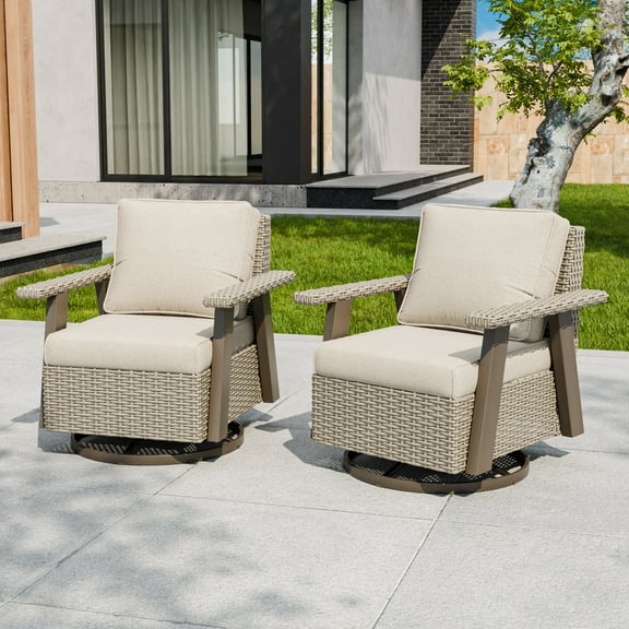 INTER HUT Serenity Retreat 360° Swivel Rocker Patio Chair, Outdoor Rattan Swivel Chair with Cushions, Set of 2, Beige