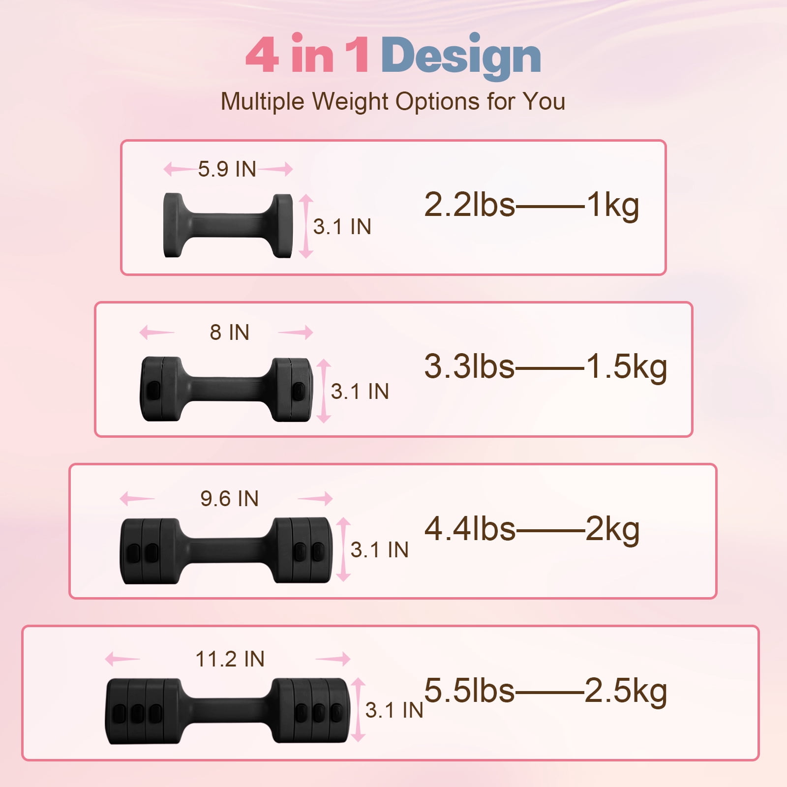 kisnbld Adjustable Dumbbell Set of 2, 4 in 1 Free Weights Dumbbells Set for Women with Fast Adjustment, Each 2lb 3lb 4lb 5lb Hand Weights Set for Home Gym & Outdoor Exercise Training