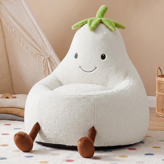 31 Inch Kids Bean Bag Chair in Beige with Faux Rabbit Fur Cover for Ages 4 to 12