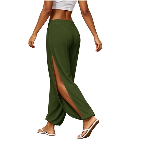 HAPIMO Elastic Waist Side Slit Jogger Lounge Pants Women High Waist Flowy Casual Pants for Summer Wear Army Green L