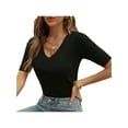 thumbnail image 5 of Liacowi Women Junior Slim Knitwear Summer Women Leisure V-neck Short Sleeve Tops Base Shirt, 5 of 9