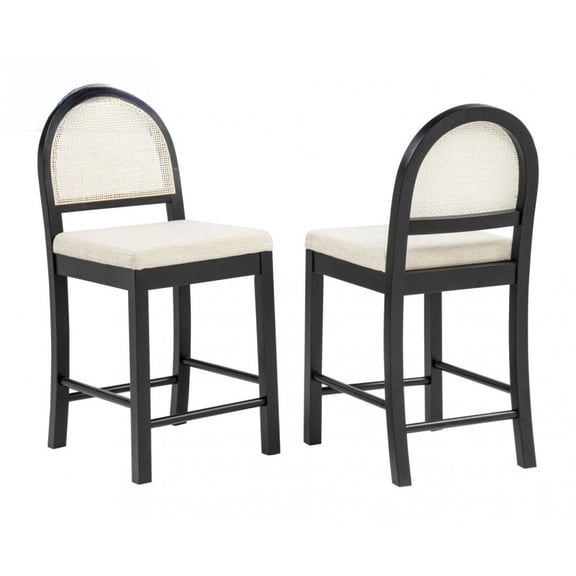 Rattan Woven Counter Bar Stool Set of 2, Dining Room Kitchen Upholstered Side Chair Set, Black