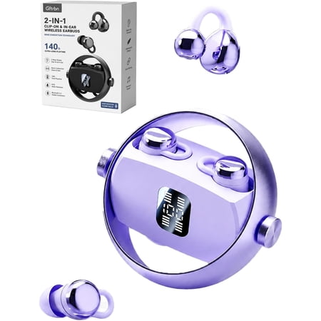 2-in-1 Clip-On & In-Ear Wireless Earbuds - Bone Conduction Style, 140H Battery, IPX5 Waterproof, 360° Rotating Charging Ring, Bluetooth 6.0 (Purple) P
